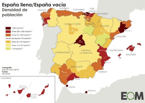 Population density in Spain. Madrid, Barcelona or Vizcaya accumulate more than 500 inhabitants / km2