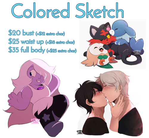 I’m taking a few commissions ! Currently only drawing Yuri on Ice, Steven Universe, Pokemon, Furries, or OCs. Maximum 2 characters, (however if you’re ordering SU or Pokemon I can squeeze in a few more)  If you’re interested send me an email at