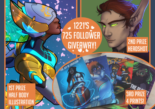 1221s: 1221′s 725 follower giveaway! ╰( ･ ᗜ ･ )╯ Thank you so much, hot damn, so many @_@  This time around i’ll be giving away 3 prizes! 1st prize: Halfbody one character illustration!2nd prize: Headshot!3rd prize: a set of 4 prints! Rules: