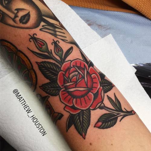 Fun rose right smack in the elbow ditch! #saturated #rose #classic #ditch #traditional #tattoo @seve