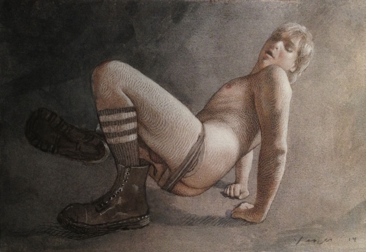 &lsquo;Boots and Jock Self Portrait&rsquo; 8”x11” Blue grey ink wash