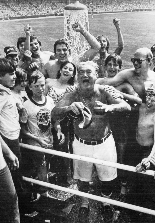 Harry Caray gets a shower at Comiskey, 1978, Chicago