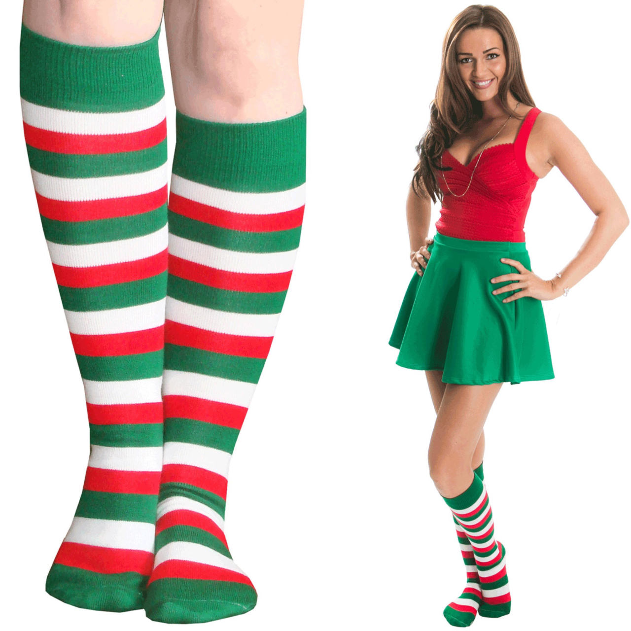 Chrissy's Knee Socks, These green, red and white striped socks are...