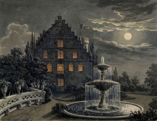 aqua-regia009:The Rosenau north-west Front and Terrace by moonlight (c.1820) by Karl Gottfried Traug
