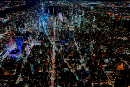 New York City at night via helicopter.