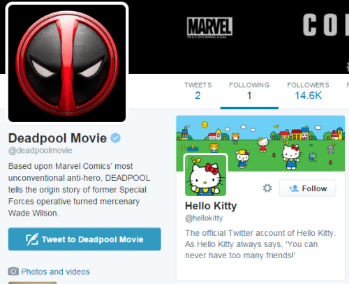 a-storm-for-every-spring:fuckyesdeadpool:Deadpool’s official movie twitter follows only one ot