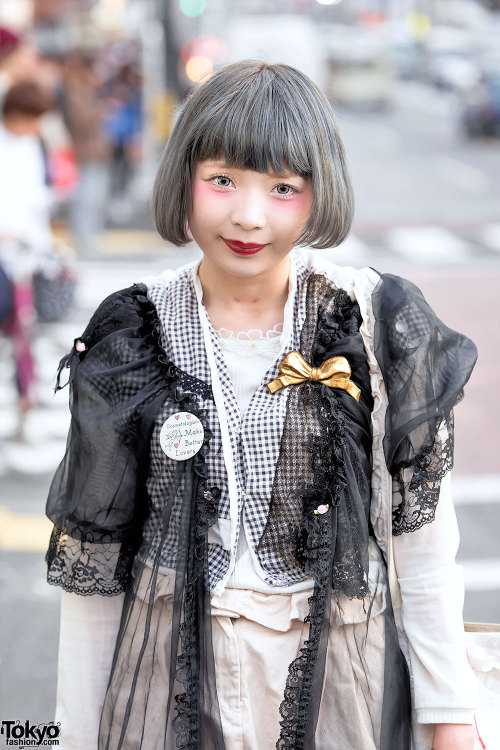 tokyo-fashion:  21-year-old Eri on the street in Harajuku with a pastel bob hairstyle, Cult Party-inspired makeup, layered vintage fashion, a Gunifuni bear bag, and Tokyo Bopper platforms. Full Look