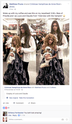 claudias-ashes:   INCREDIBLE COSPLAY by Matthew Pruno (Louis) and priscillawild (Claudia) This is their FIRST cosplay?! Can you believe it?  