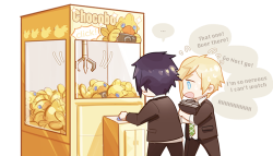 juvenile-reactor:  Highschool Noctis and Prompto with a stuffed toy chocobo