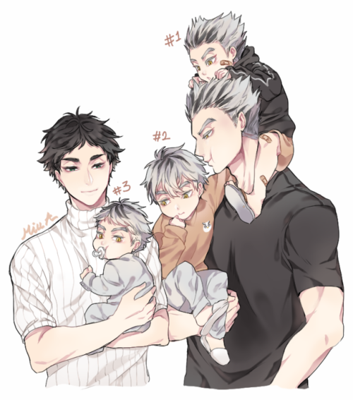 akira-akatsuki:  Bokuaka family with 3 (not so little) sons ٩(•ᴗ• ٩) Presented by my siste