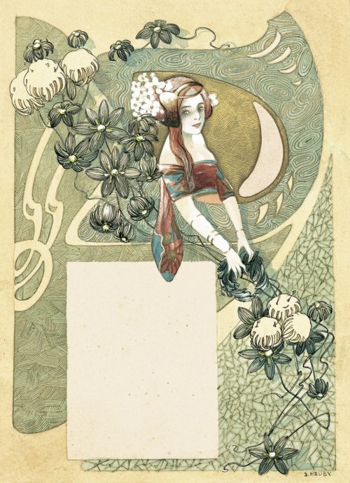 artnouveaustyle: “Young woman with water-plants”, watercolor design for a poster by Serg