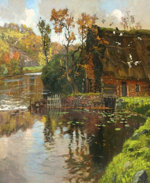 alraunahomestead:Frits Thaulow (1847-1906): Cottage by a Stream (detail), 1901, oil on canvas, 25 ¾ 