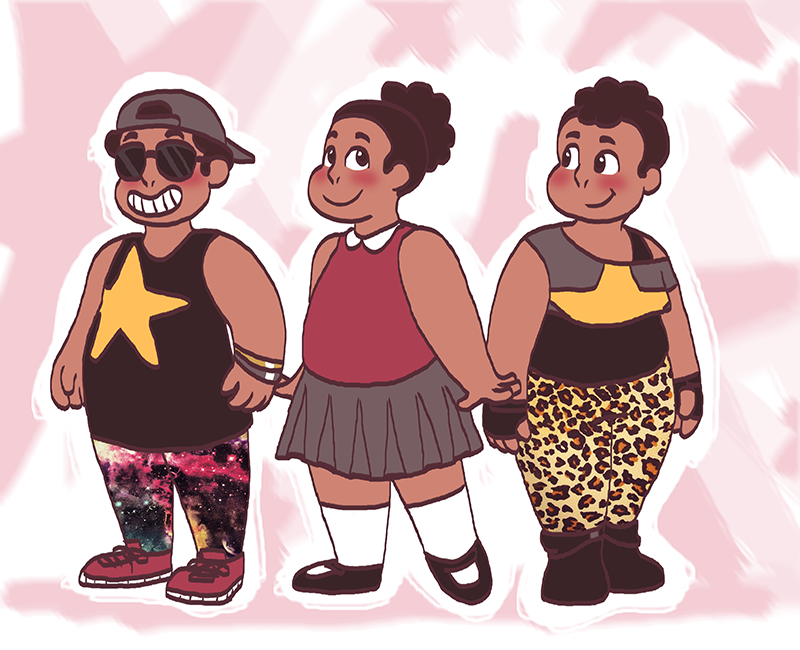 homospacegems:  steven as dressed up by garnet, pearl, and amethyst respectively
