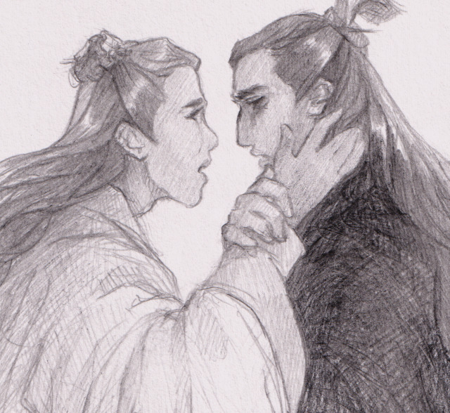 Close up of the drawing. XXC cradles SZC's cheek, who pushes his hand away but clings to his robes.