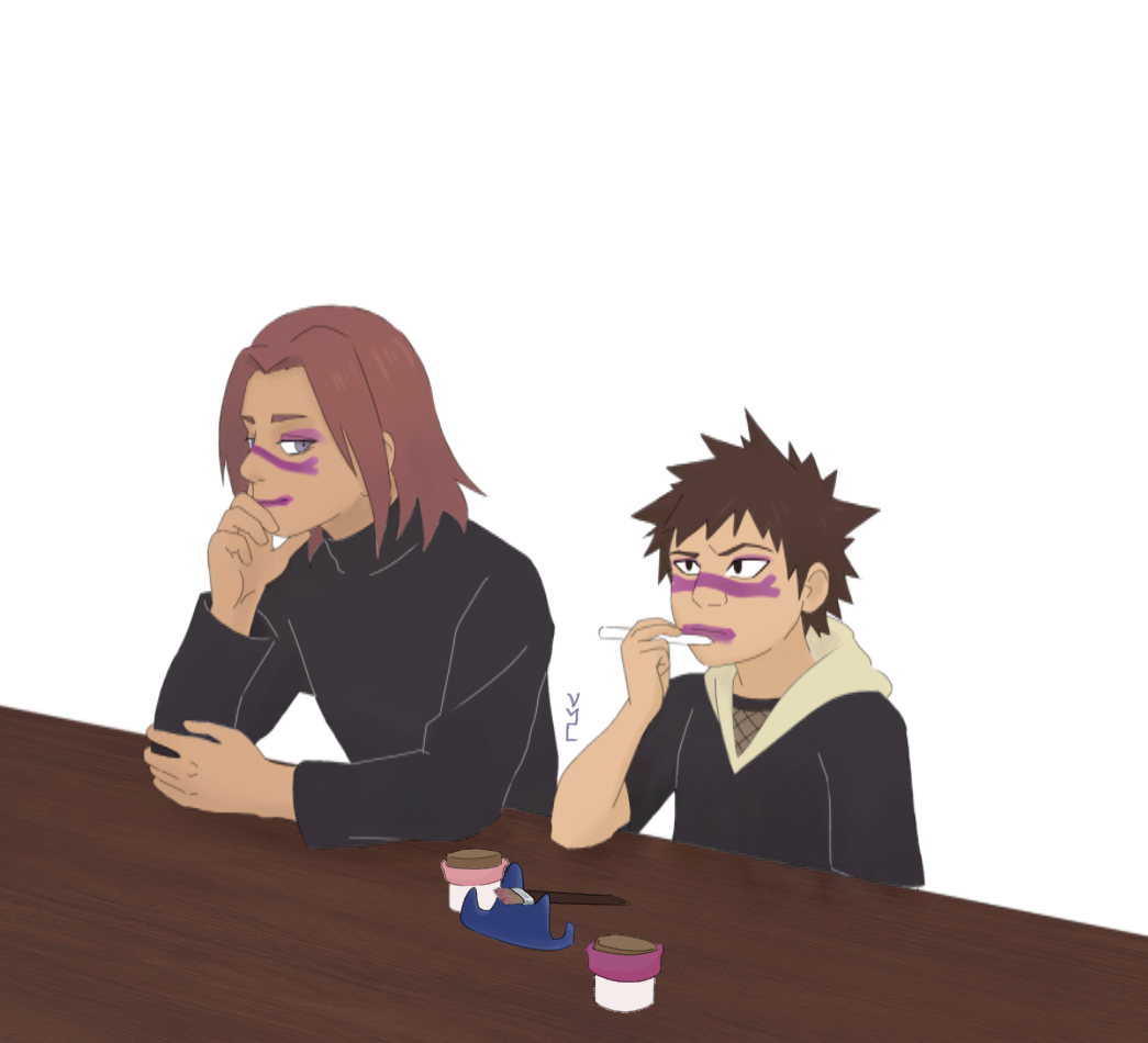Tensei and Kankuro side by side at a vanity, with various paint supplies set out in front of them as Kankuro tries to clean up his Face
