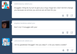asksnugglepony:  He was so… *sniff* mean to me… (( We now return to your regularly scheduled programming, already in progress. Sorry about the wait, folks. Things were pretty busy around here for a while there. But things should be back to normal