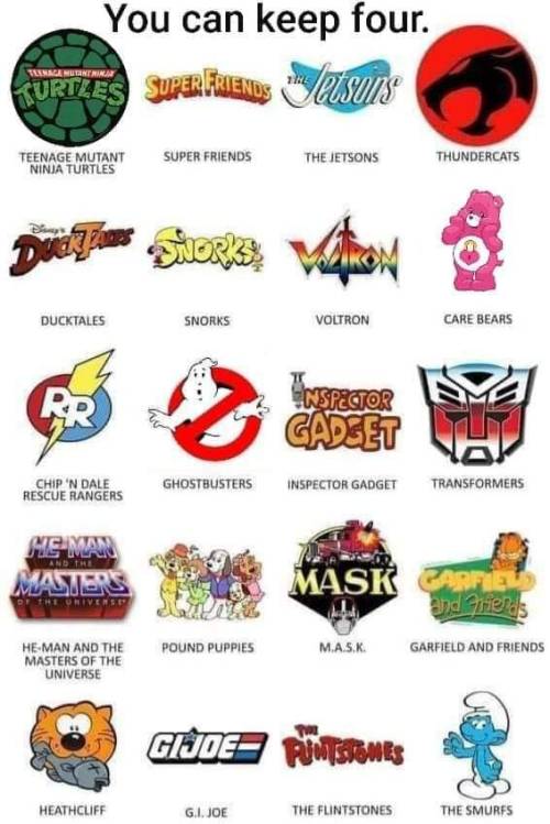canadianstoner:The four I’d keep: TMNT, Thundercats, Garfield and Friends, and The Flintstones  Thunder Cats, Inspector Gadget, Transformers, and He-Man for me!!