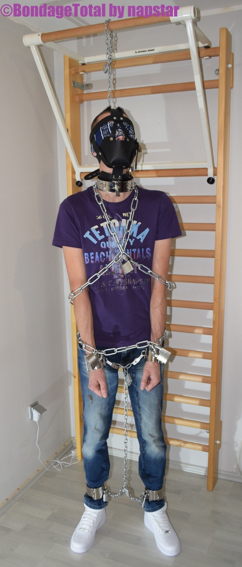 Bondagetotal Forced Standing Bondage Shirt And Jeans And Nike Air Force Blindfolded Muzzle Ga