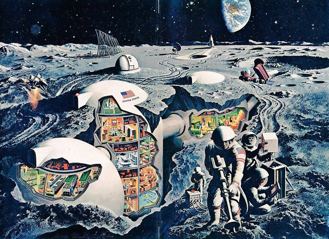 retroscifiart:  Cutaway painting of a lunar outpost by David Meltzer for National