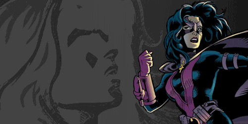Helena in costume as the Huntress sits on the right side of the image in front of a gray background. text appears: "they would be surprised if they knew. / little helena bertinelli / all grown up."