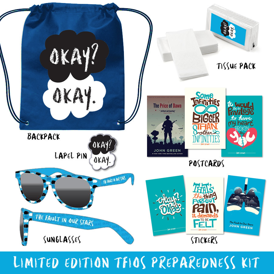 edwardspoonhands:
“ hermionejg:
“ fishingboatproceeds:
“ edwardspoonhands:
“ dftbarecords:
“ Limited Edition TFiOS Preparedness Kit
This pack includes:
Drawstring backpack
Exclusive tissue pack
Exclusive sunglasses
Lapel pin (metal, butterfly clutch...