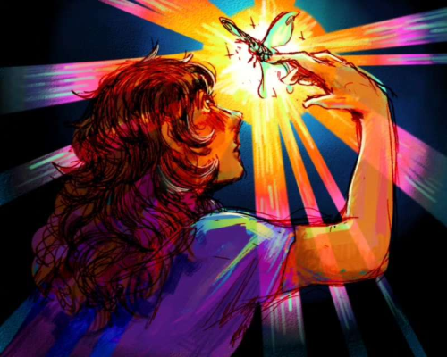 A digital art of Rosie and a lunar moth. Rosie is a woman with long curly dark brown hair. She is seen from her side profile. Her right hand is raised a little, letting a lunar moth land on her finger. She is looking at the moth and is shown to have an expression of wonder. The background is black but a light is drawn from behind the moth creating an effect where it is rainbow like. Besides the background, the piece uses vibrant colours. Rosie is an original character of Rysttle and this piece was sketched by polistini and coloured by Rysttle.