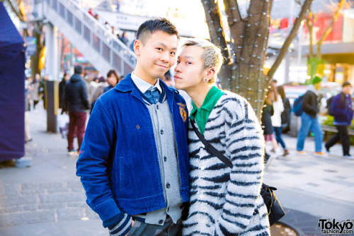 tokyo-fashion:Stylish Japanese couple Kazushi and Genchan on the street in Harajuku wearing vintage 