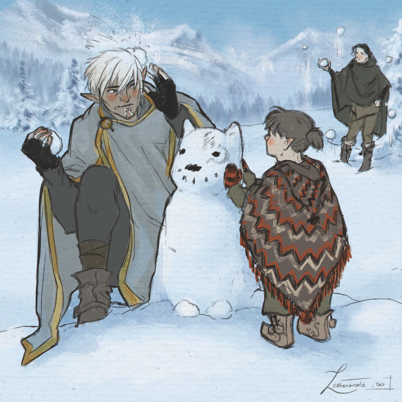 Winter Wonderland  Haven’t drawn them all in a while! Eris, Fenris and baby Ari having fun outside. Their little cottage 