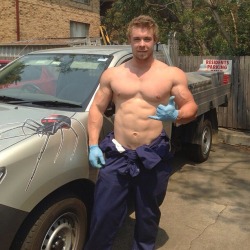 hotcunts:  Now that is one fucking stunning bug exterminator. Lets all pray he is not wearing jocks under those overalls.
