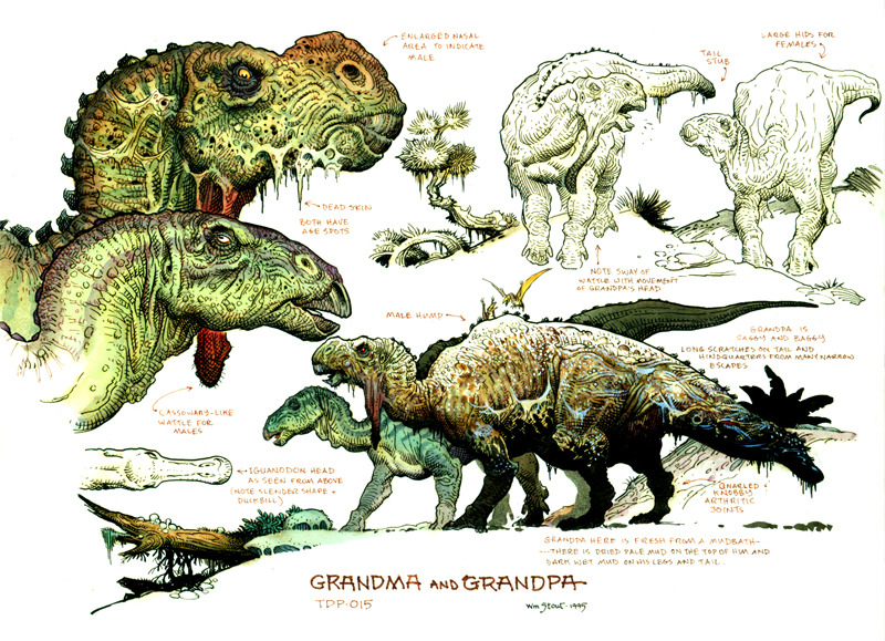 paleobiology:  isla–nublar:  William Stout’s character sheets for Dinosaur (2000)