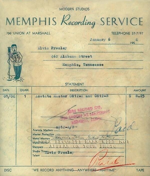 ilovetheking-elvispresley:  Receipt from Elvis Presley’s second recording session