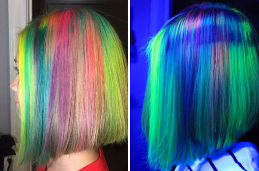 fyhaircolors:  Glowing in black light Pravana hair dye neon rainbow by   Lisette