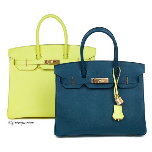 Hermes 30cm Birkin in Bleu Colvert, and 35cm Birkin in Soufre, available at Privé Porter! For