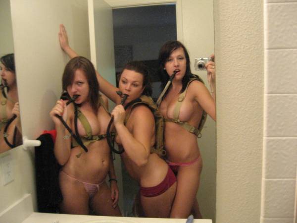 militarysluts:  Three busty Marine PFCs take a selfie wearing panties and Camelbaks.