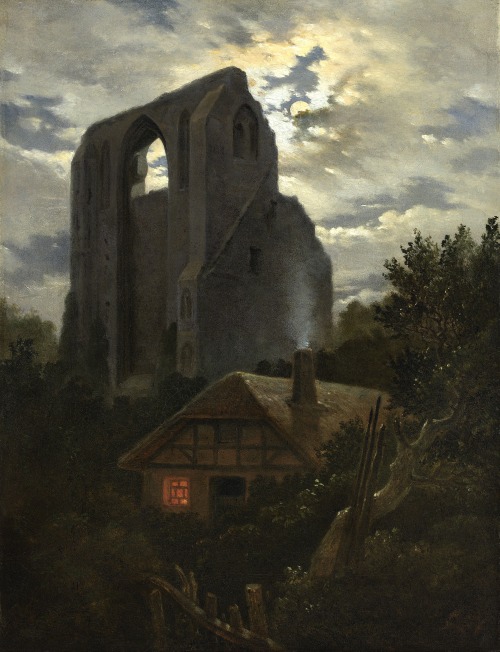 Carl Gustav Carus - Ruine Eldena mit Hütte bei Greifswald im Mondschein - 1820