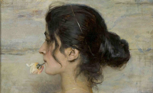 clara–lux:TITO, Ettore (1859–1941) Con la rosa tra le labbra1895Oil on canvas, 25,4 x 41,4 cmv