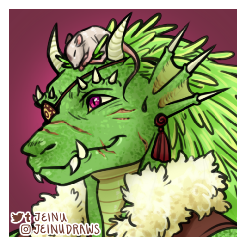 Icon commission of @vaxildab‘s dragonborn gunslinger, Brygitte, with her baby rat companion, Zane!