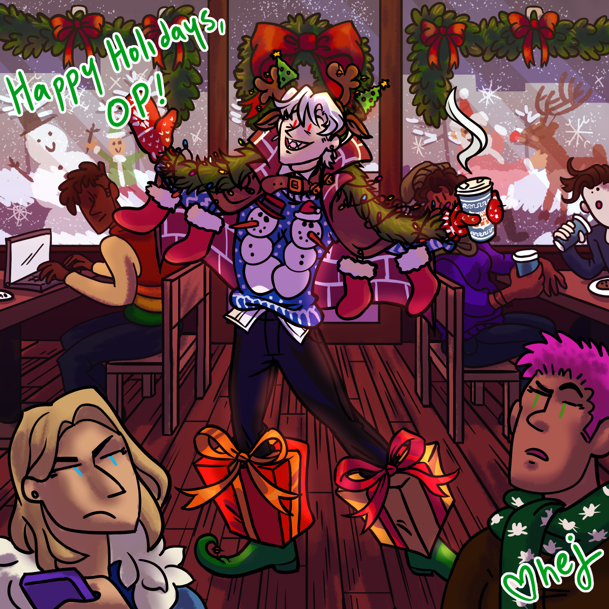 My Secret Santa art for my friend @vampiool! How do you do, fellow perfectly normal definitely very human Christmas enjoyers?