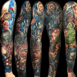 martinmooretattoos:  This is an Avengers sleeve I did a few months ago This is 100% healed. However I only managed to get really bad iPhone pictures as I still don’t have a camera! Hopefully I’ll get more when I get a camera. Couldn’t be done without