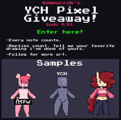 somescrub:  Have you ever wanted your character done in the little pixel avatar style I do? Now’s your chance to get one!5 People will win! Giveaway ends next week!