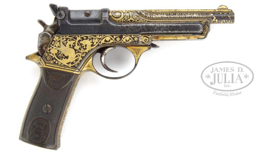 A gold inlaid Spanish copy of a M1905 Mannlicher semi automatic pistol, early 20th century.