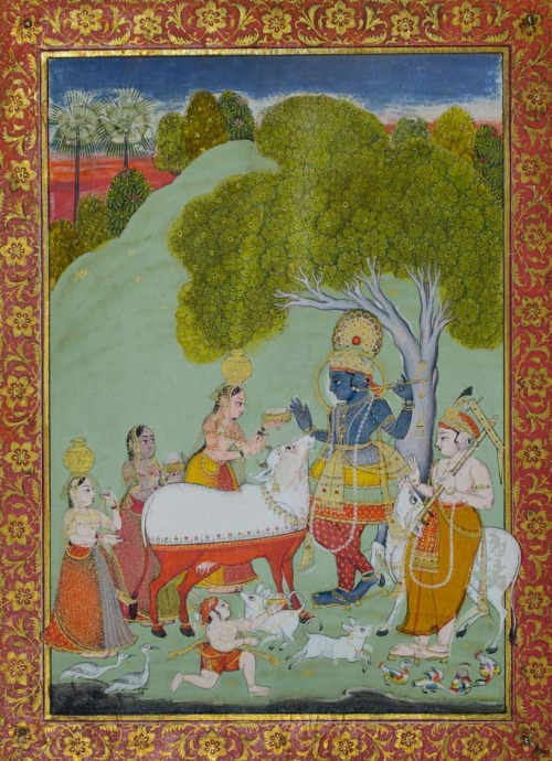 Krishna with three milkmaids under a tree, accompanied by Balarama, circa 1760