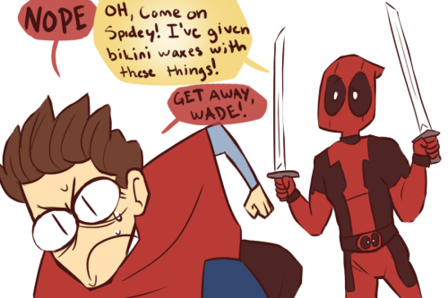        The Avengers give Peter Parker a ‘hair cut’.  “HOW.”  my little american  THOR OMG  This isn’t science   thank.  There isnt a single part of this that isnt gold  wait, dead pool says he gave spidey a bikini wax  with his swords. peter