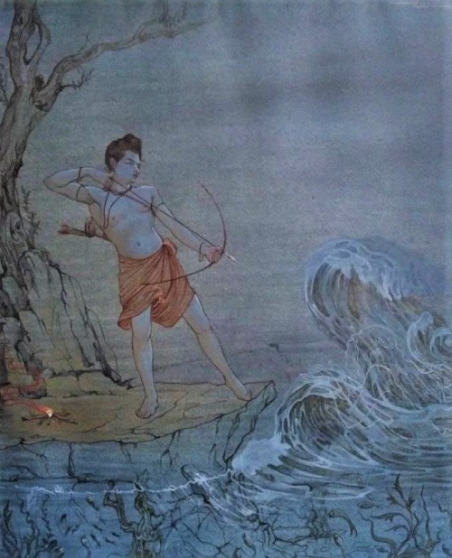 Rama threatening the sea to make way for Lanka.by Monal Kohad