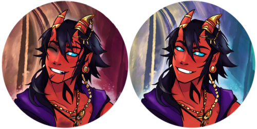 Portraits of my DnD characters, normal and hurting!Killian: Tiefling, Bard/sorcererThokein: Goliath,