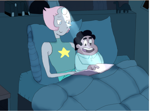 roquereptil:  progress for story time this a birthday present for @pearl-likes-pi the line art i made it on 5/20/16, but right after that the finals weeks started so… yeah just now i had the chance to actually work on it!  i love how pearl ended, steven