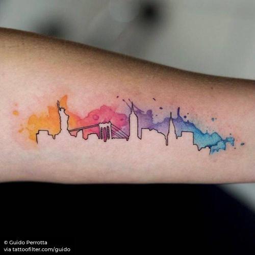 By Guido Perrotta, done in Buenos Aires. http://ttoo.co/p/35700 facebook;guido;inner forearm;location;medium size;new york skyline;new york;patriotic;skyline;travel;twitter;united states of america;watercolor