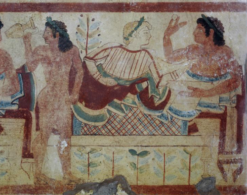 medievalpoc:Ancient Art Week!Reclining BanquetersEtruscan (c. 480 - 470 BCE)Fresco, Tarquinia, Italy