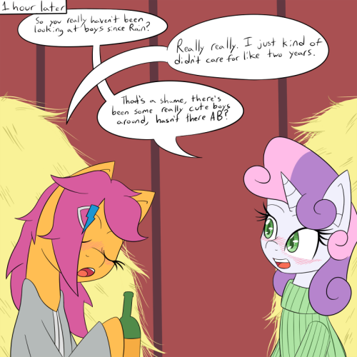 pervertedcmc:  Scootaloo’s thoughts in the last panel: Well, this was unexpected…and yet strangely arousing. OH GOD! AM I LESBIAN TOO?!  X3! Awwye~
