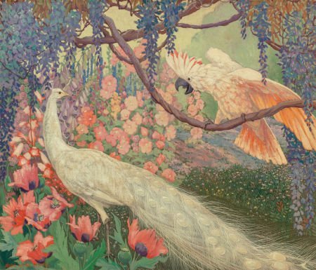 art-and-things-of-beauty:Jessie Arms Botke (1883-1971) - A Cockatoo and a Peacock in a flower garden